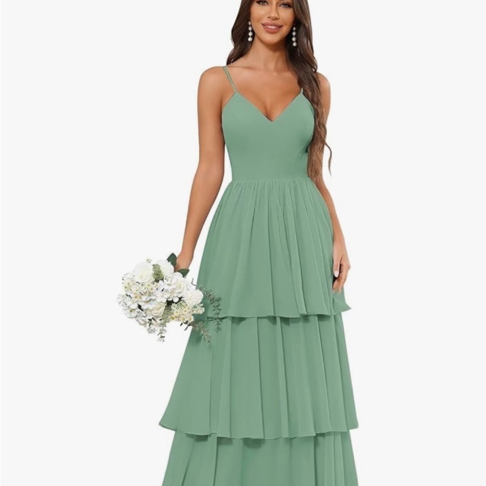 New Chic Sleeveless sage green lace up back long chiffon Dress